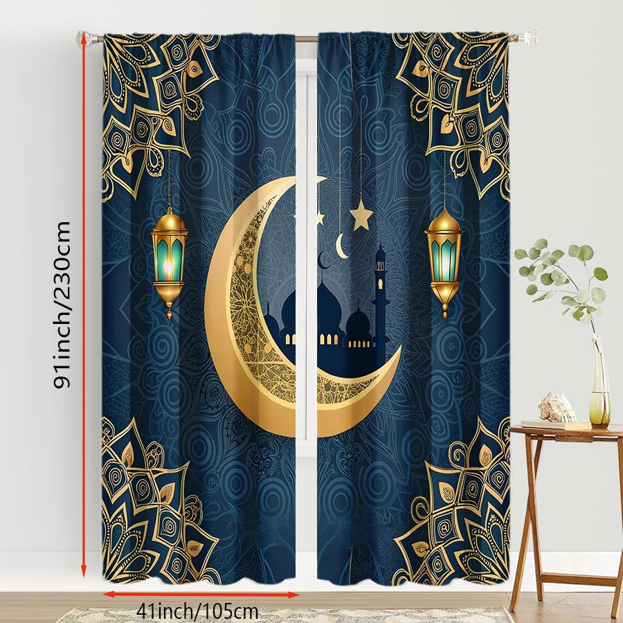 2 Pack Navy Blue and Gold Mandala Crescent Curtains, Flat Print, Ramadan Eid Window Decor, Living Room Bedroom Decor