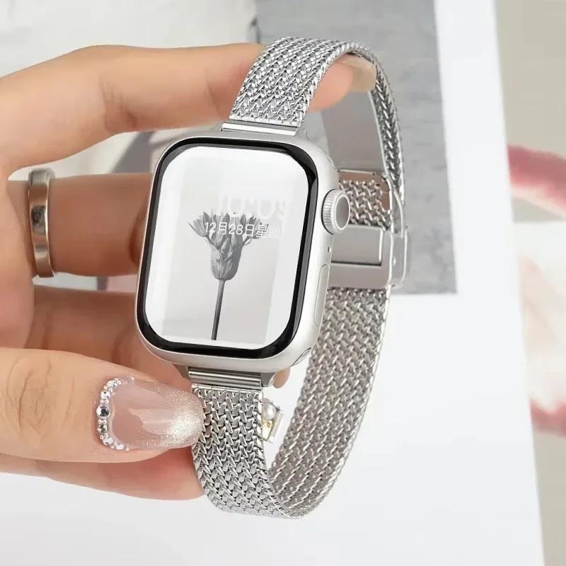 

Магнитный ремешок-петля для Apple Watch Ultra3/2 49мм 41 45мм Тонкий женский ремешок из нержавеющей стали для iwatch SE3 11 10 9 8 40/44/38/42мм 41 40 38mm серебряный