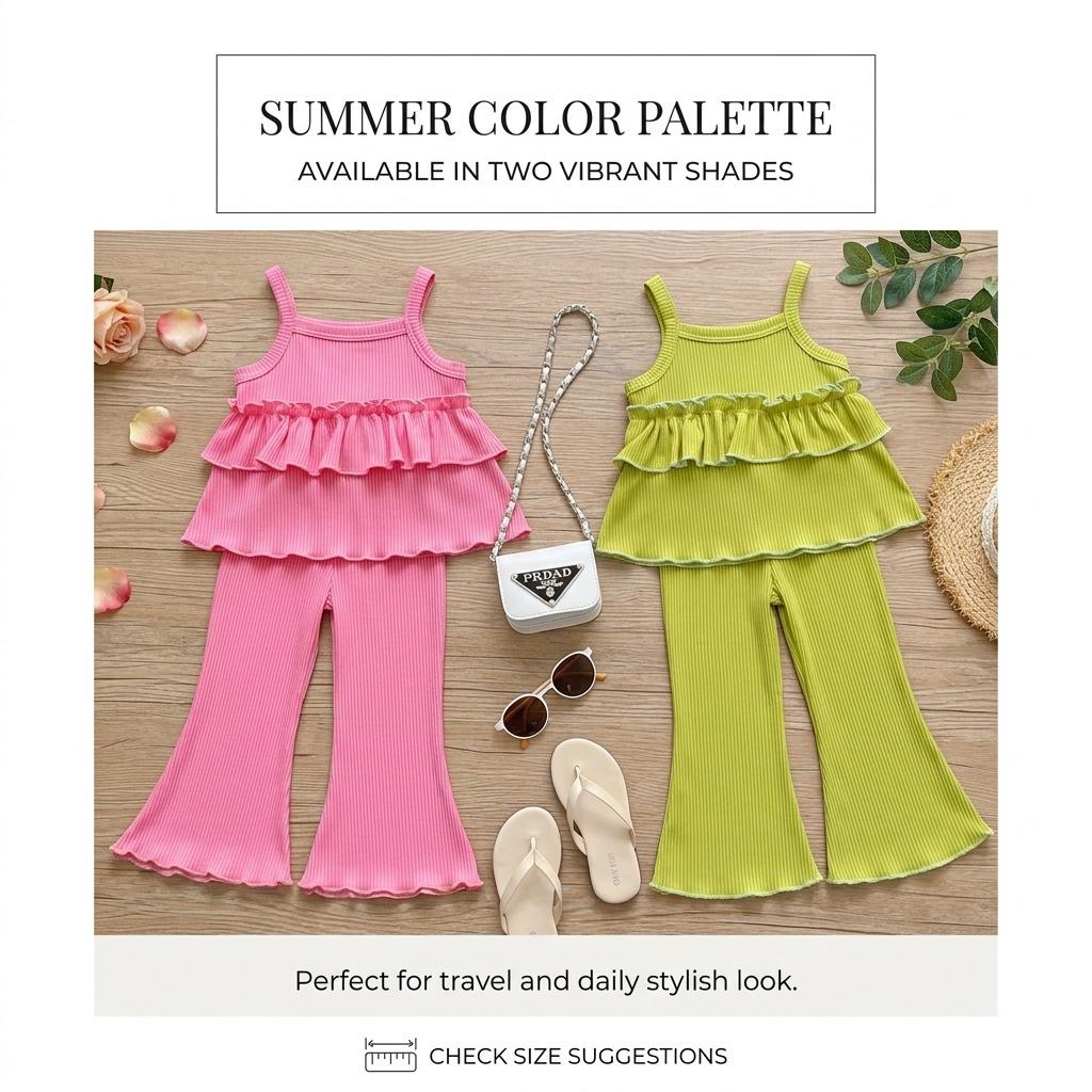 Girls' Summer New Strap Set Thin Style Little Girl Ice Silk Strap Dress Flared Nine-Point Pants Two-Piece Set Fashionable