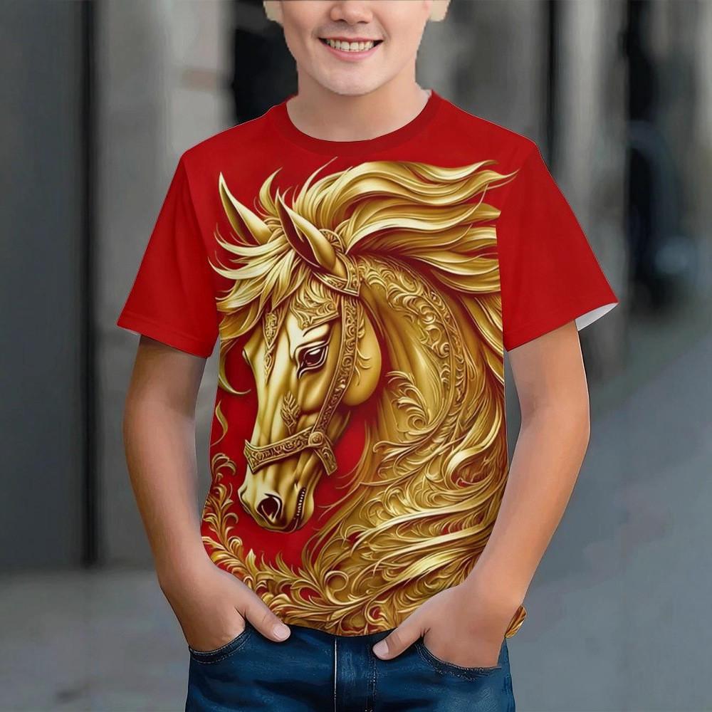 Children's T-shirt 3d Horse Year Printed Round Neck Short Sleeve Upper