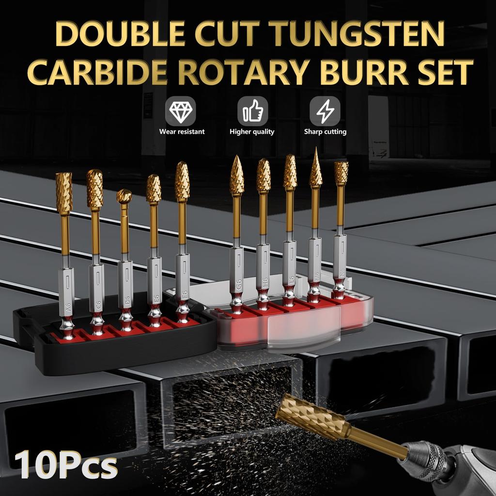 10Pcs Carbide Double Cut Rotary Burrs Set for Woodworking Carving Polishing Hex Shank Grinder Bits