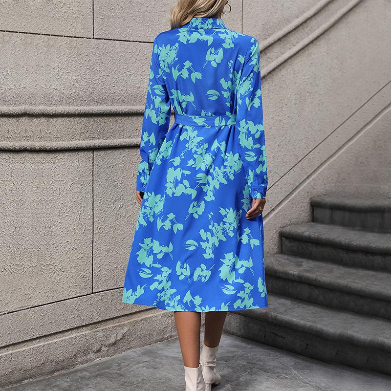 European And American Women'S Clothing Long-Sleeved Lapel Print Shirt Dress