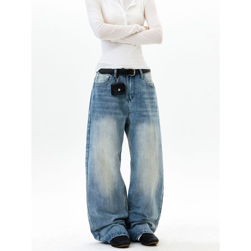 Kisko American Retro Bamboo Texture Washed Blue Drapey Jeans for Men and Women, Cool and Loose Straight-Leg Long Pants