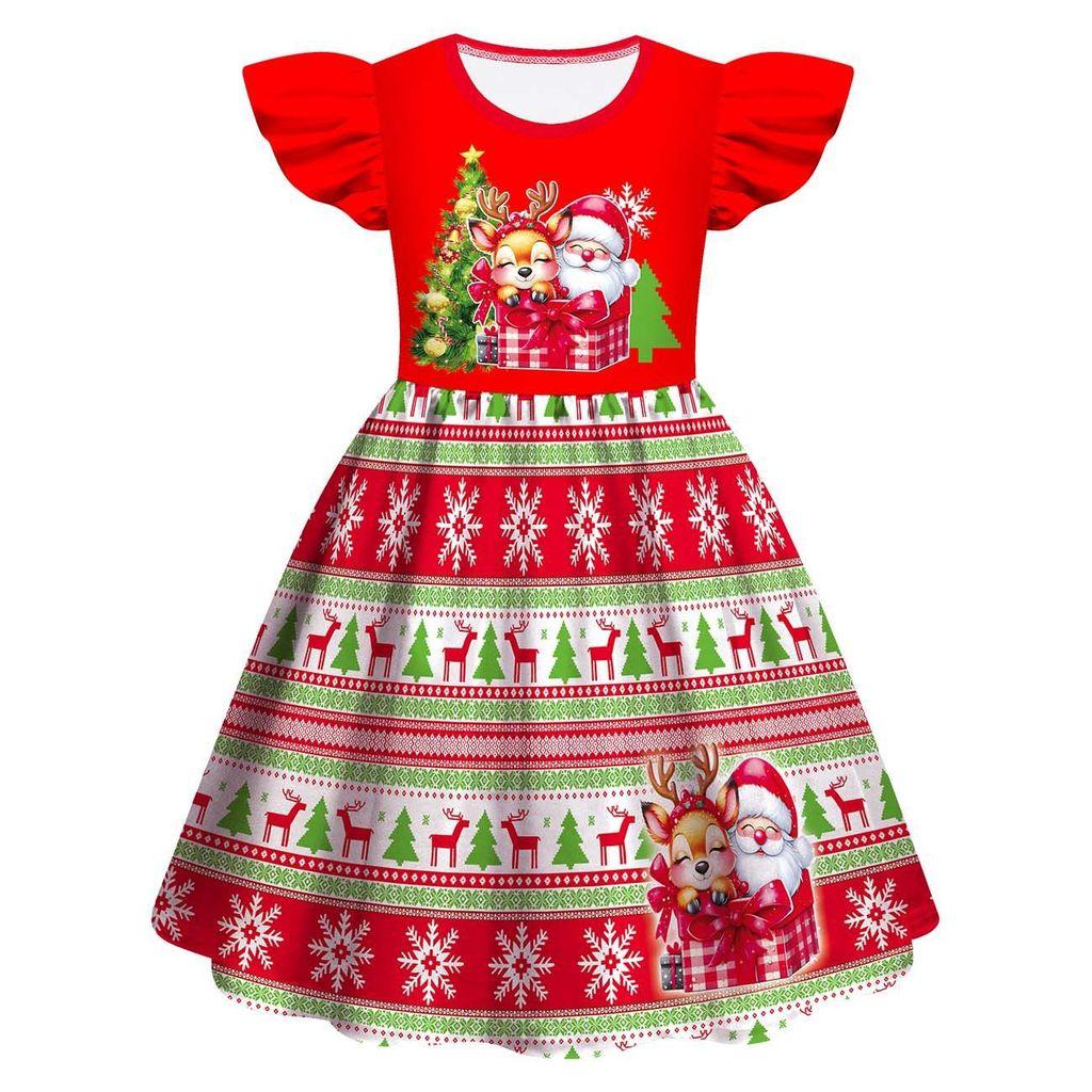 

Детское платье для девочек с мультяшным принтом Санта-Клауса, рождественской елки и лося, с оборками на рукавах, на Новый год 160cm