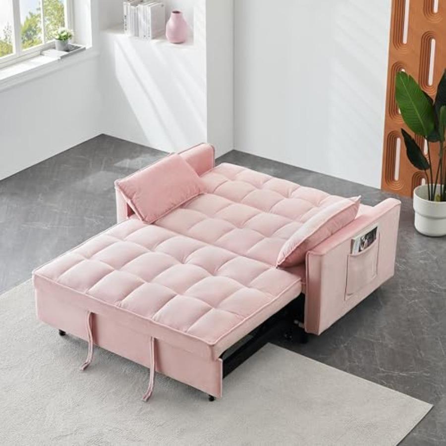 3 in 1 Convertible Sofa Bed, Modern Velvet Loveseat Sleeper Sofa Bed with Adjustable Backrest, Storage Pockets and Pillows, Sui