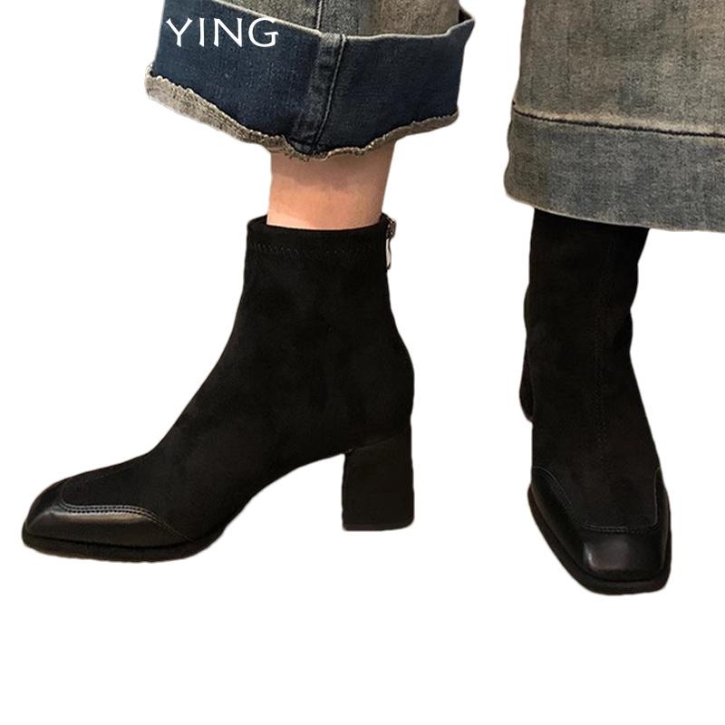 Square Toe Women Ankle Boots Suede Elegant High Heels Shoes 2025 Trend Winter Fashion Chunky Pumps Classic Goth Chelsea Botas