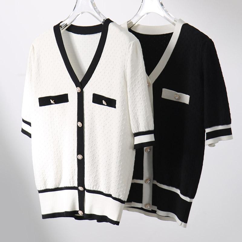 Women Sweaters Pullovers 2025 Summer Short Sleeve V-Neck White Black Knitted Sweater Women Tops Pullover JJ296