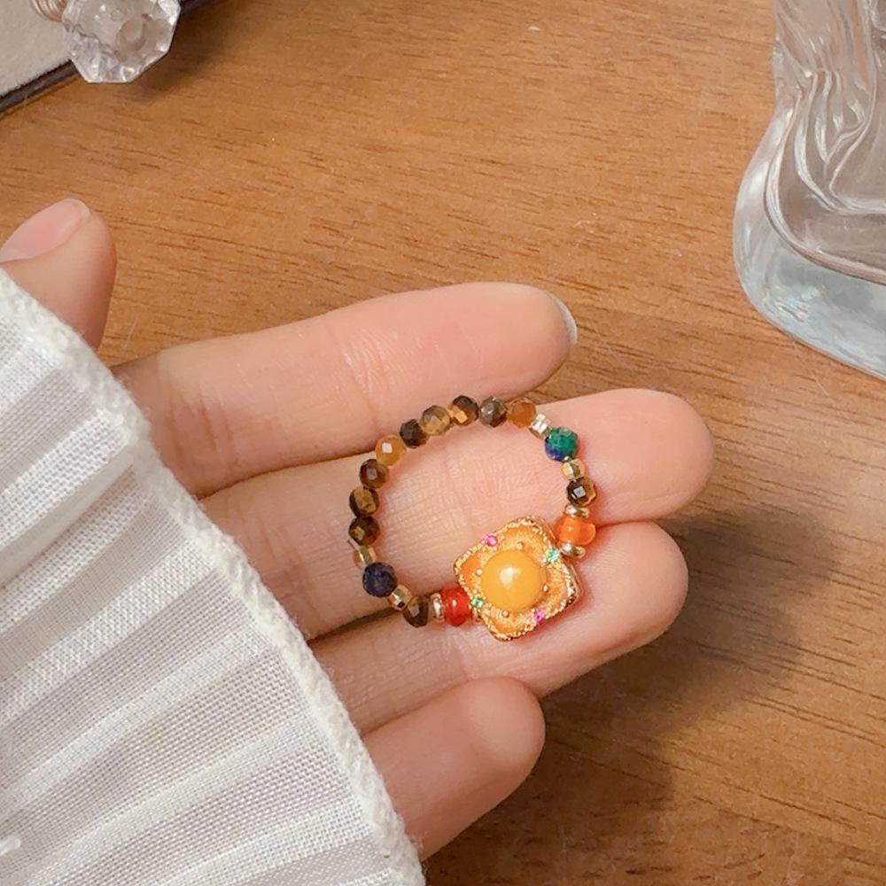 Women's Amber Agate Ring: Chinese Style, Wealth-Attracting, Tiger Eye & Lapis Lazuli, Versatile & Stylish