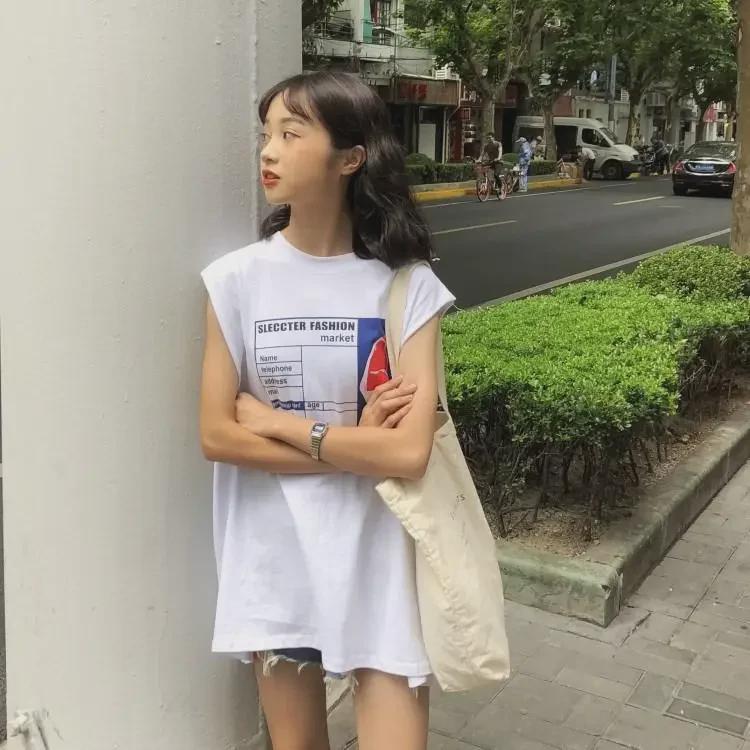 2024 Summer Korean Split-Back Sleeveless Loose Women's T-Shirt Top