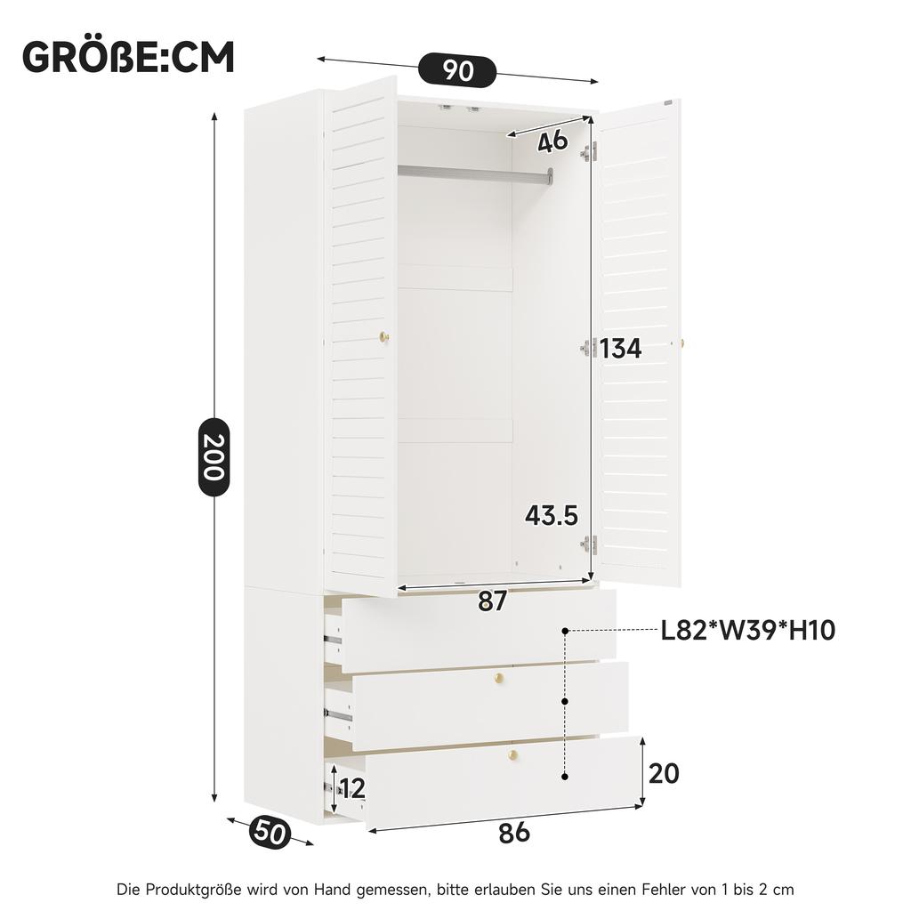 Kleiderschrank mit 2 Türen, elegante Lamellentüren, weiß, 90 x 50 x 200 cm, mit 1 Kleiderstange, 2 Türen und 3 Schubladen, für Schlafzimmer, Kinderzimmer
