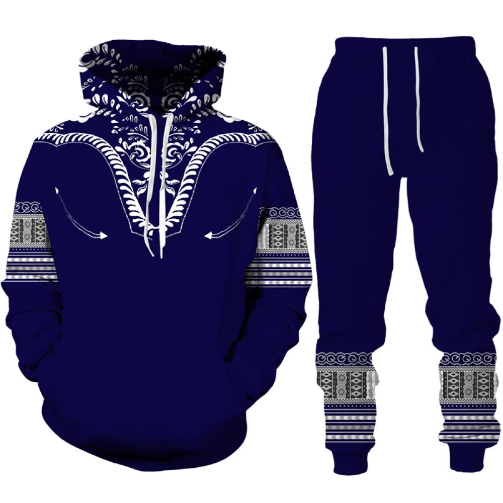 Afrikanischer Dashiki-Hoodie/Anzug für Herren, lässig, 3D-gedruckt, Ethno-Stil, Sweatshirt, Hose, Set für Herren/Damen, Folk-Custom Streetwear-Trainingsanzug