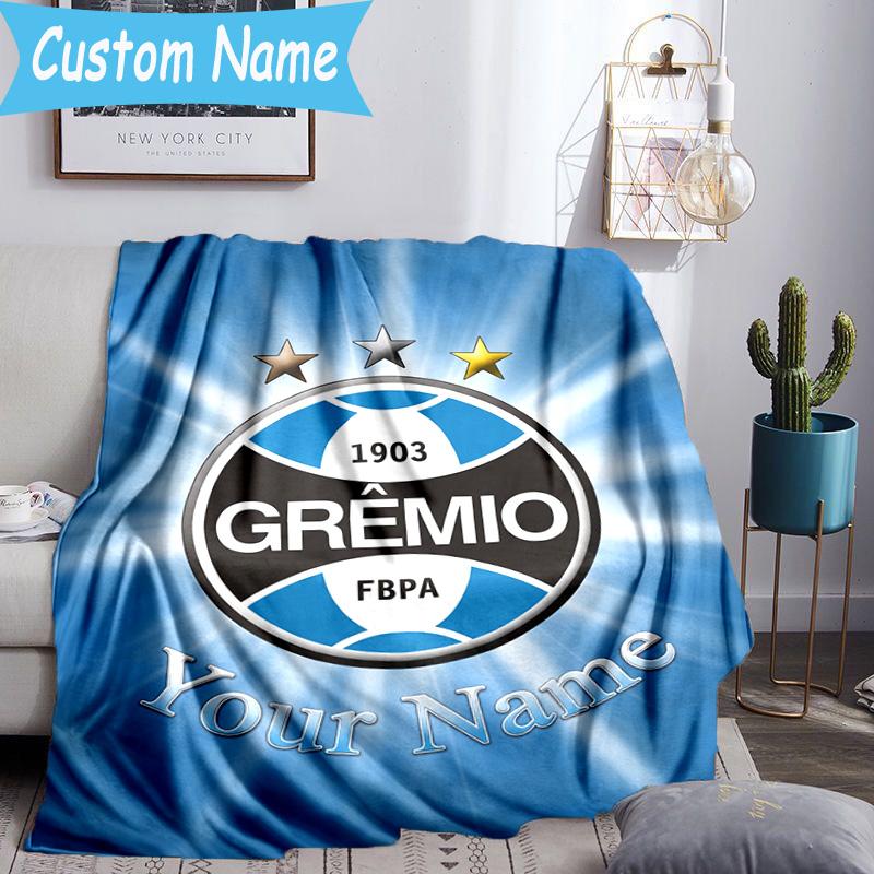 Custom Name Gremio Football Club Emblem Flannel Blanket, Use for Birthday/Holiday Gift, Soft Blanket for Sofa/Bed/Camping/Office, Home Decor