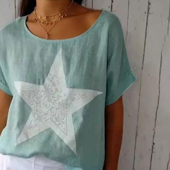 Dam Sommartoppar Kortärmad Rundhals T-shirt Hot Drill Stjärntryck Lös Passform Casual T-shirt Daglig Användning