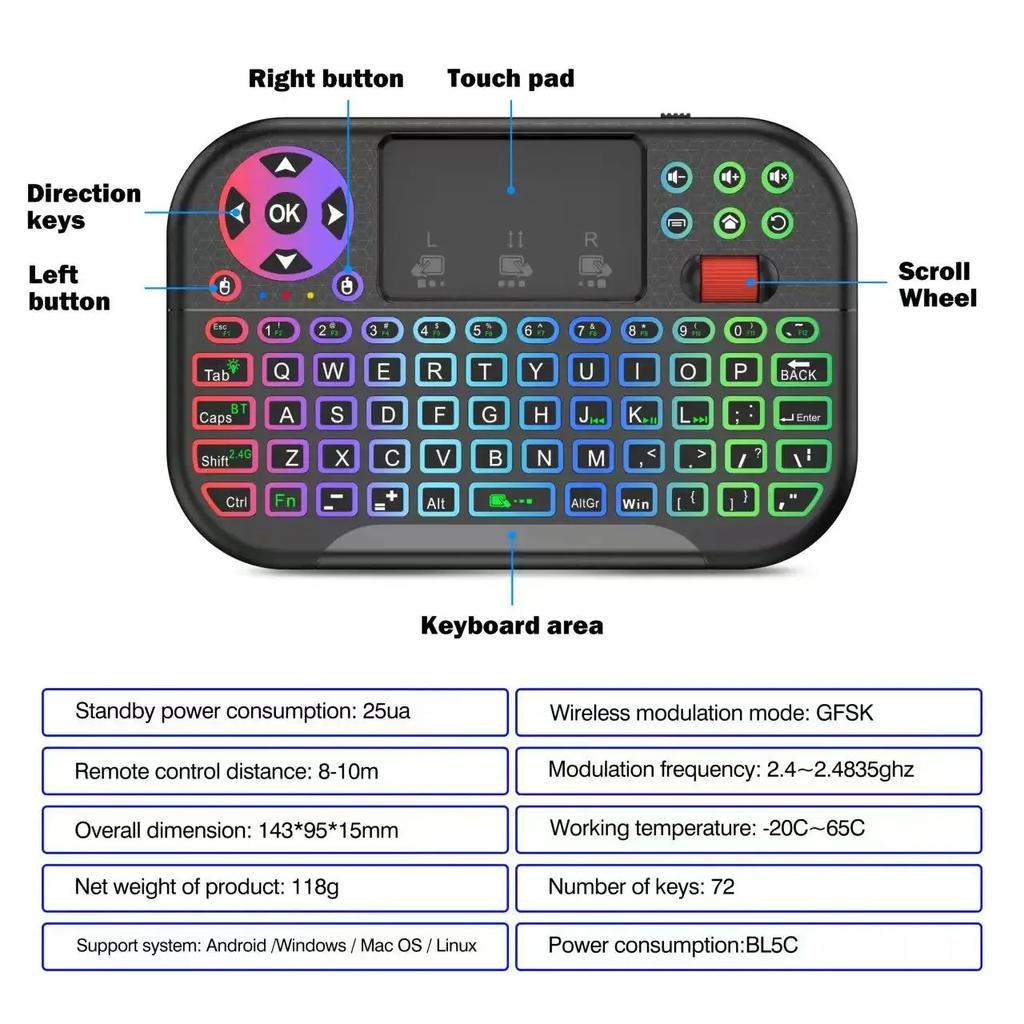 Wireless Mini Keyboard Dual Mode BT5.2 2.4G Air Mouse Remote Control Backlit Touchpad for Android TV Box PC Projector
