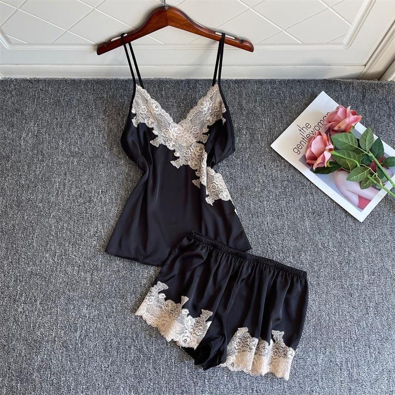 Japanese sexy suspender pajamas women's shorts two-piece set lace lace thin summer ice silk new loungewear