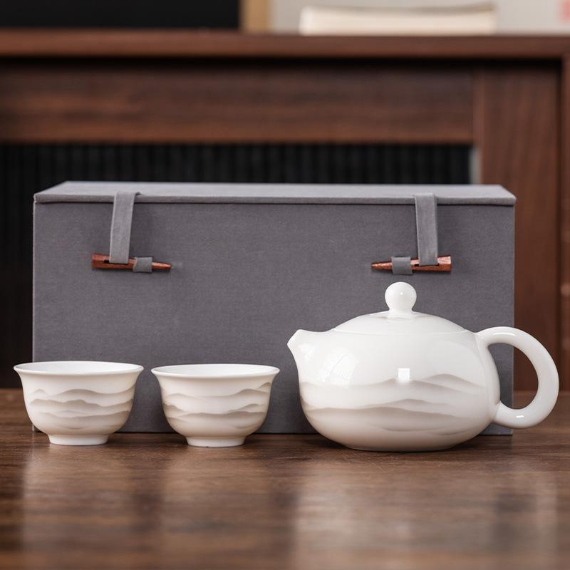 Beam Pot One Pot and Two Cups Suet Jade Porcelain Light Luxury Kung Fu Tea Set Kuaike Cup High-end Brocade Box Gift Box