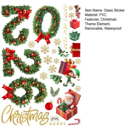 Christmas Window Cling Waterproof PVC Pine Needle Wreath Santa Claus Elf Gift Box Bell Static Glass Sticker Home Office Party Decoration Decal