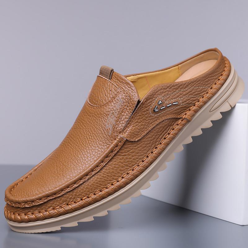 Leisure Walk Men's Casual Shoes Massage Non-slip Leather Muller Shoes Spring Summer Male Half Drag New Trend Slippers Loafers