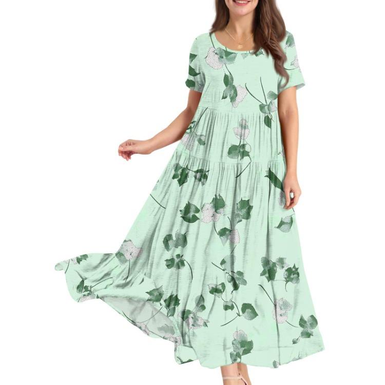 Women Summer Boho Floral Printed Loose Dress Round Neck Short Sleeve