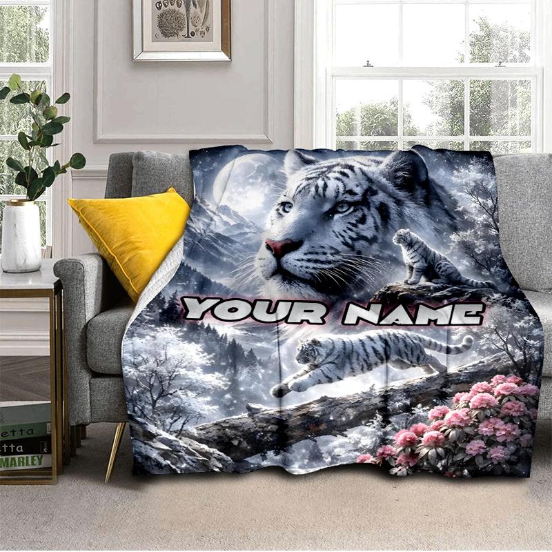 1PC Custom Name White Tiger Snowy Landscape Outdooor Flannel Blankets Throw Blanket All-Season Throw Gift Bedspread for Couch, Bed, Camping Holiday Bi