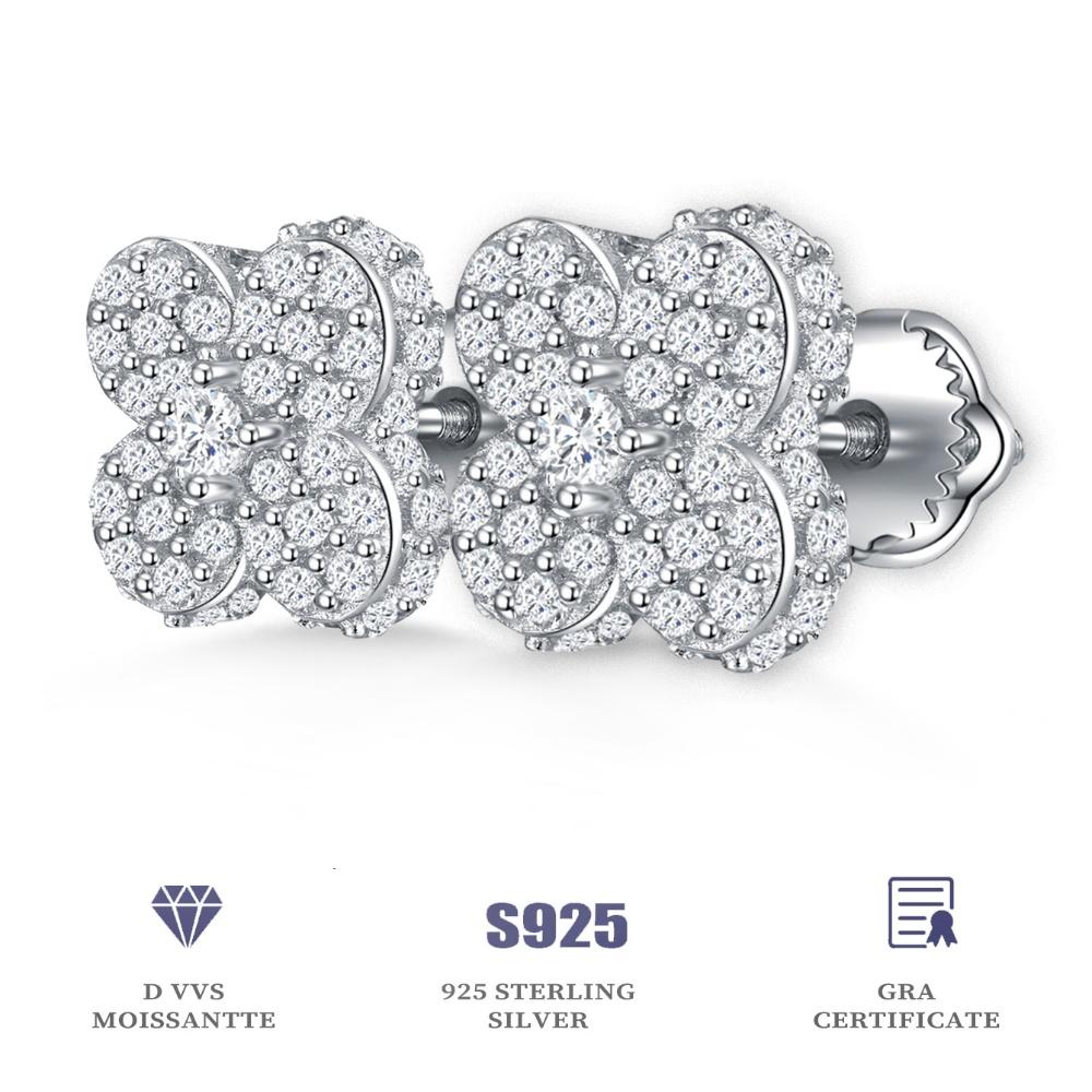 Four Leaf Clover 925 Sterling Silver Flower Moissanite Stud Earrings