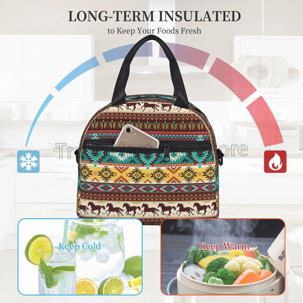 Isolierte Lunchtasche mit ethnischem Muster Pferde Geometrisch Bento-Tasche Wiederverwendbare Thermos-Lunchbox mit verstellbarem Schultergurt