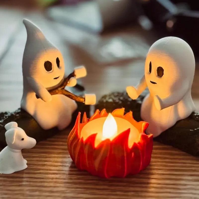 Ghost Campfire Gathering Flickering Nightlight 3D Printed Cute Ghost Ornaments Statues Bonfire Party Halloween Desk Decoration