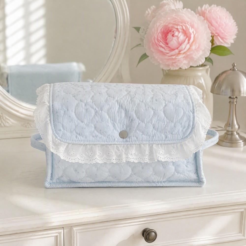 Button Closure Cotton Quilted Storage Basket Lace Edge Fabric Storage Basket Dresser