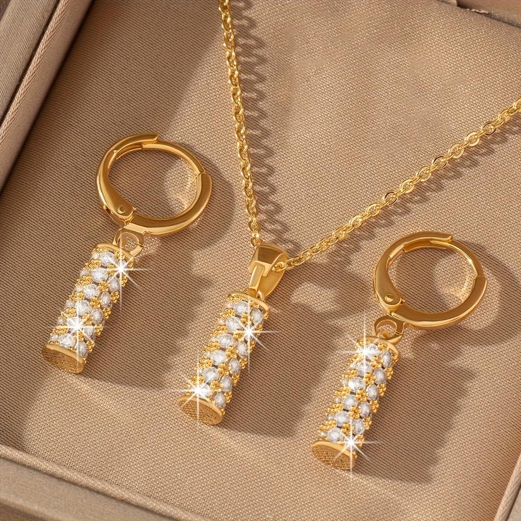 Luxurious and Elegant Cylindrical Pendant Earrings and Necklace Set, Elegant and Grand Women's Water Drop Clavicle Chain, Bridal Wedding Jewelry
