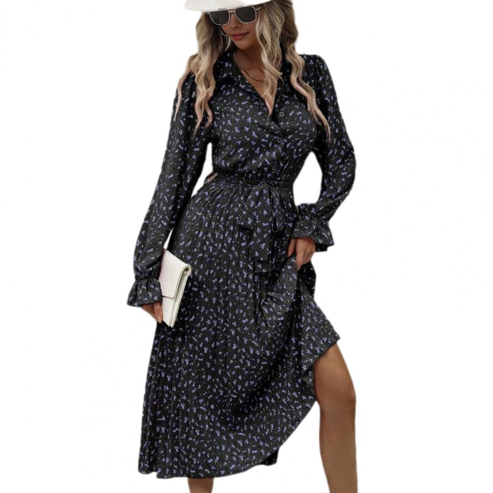 Podzim Jaro Dámské šaty Límec s klopami Výstřih do V Dlouhý rukáv Áčková sukně Velký rozmach Poloviční jednořadé Šněrování v pase Sklady Květinové