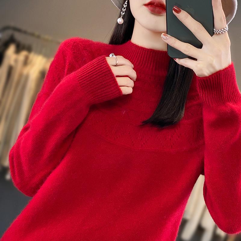 Autumn/Winter Women's Knitwear: Hollow Out Half-High Neck Long Sleeve Loose Slimming Pullover Sweater.