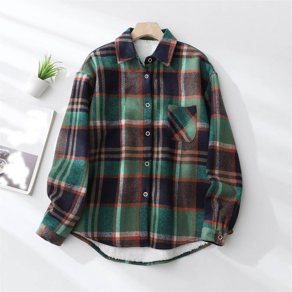 Women's Casual Plaid Padded Warm Long Sleeve Shirt Top Jacket