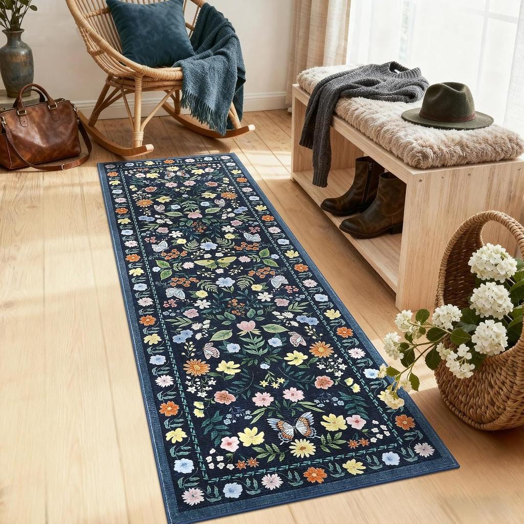 Floral Butterfly Pattern Runner Rug Countryside Style Non-Slip Floor Mat Boho Retro Corridor Living Room Hallway Decor Carpet