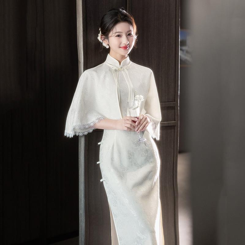 Si Teng White Lace Shawl Two-piece Set New Chinese Suzhou Autumn Cheongsam Improved Young Women's High-end Sense