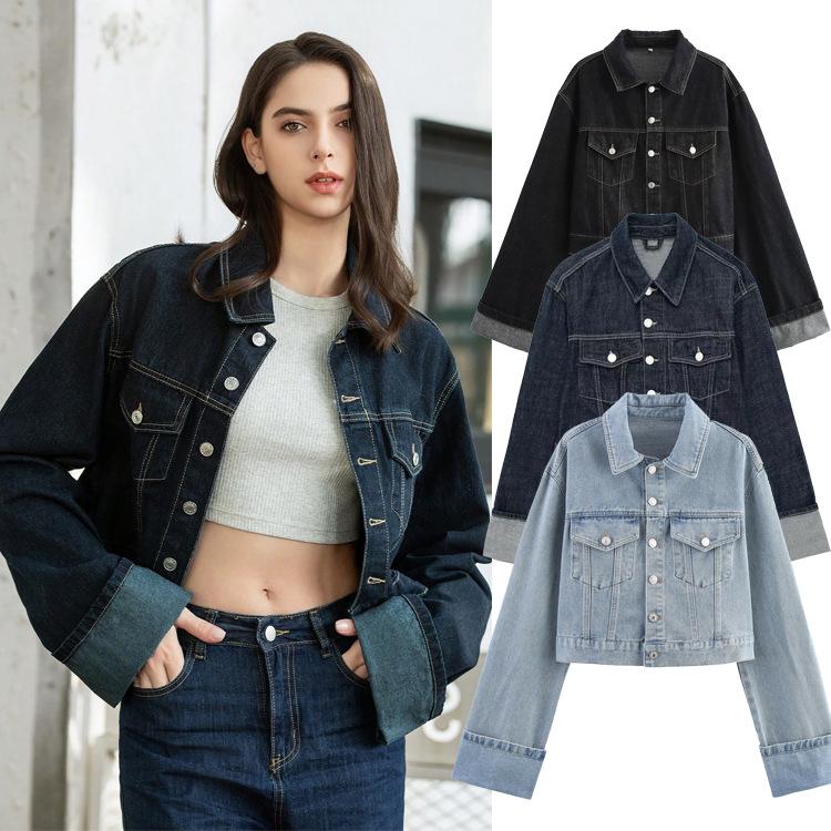 European and American Spring and Autumn New Women's Rolled Edge Sleeve Denim Jacket Jacket
