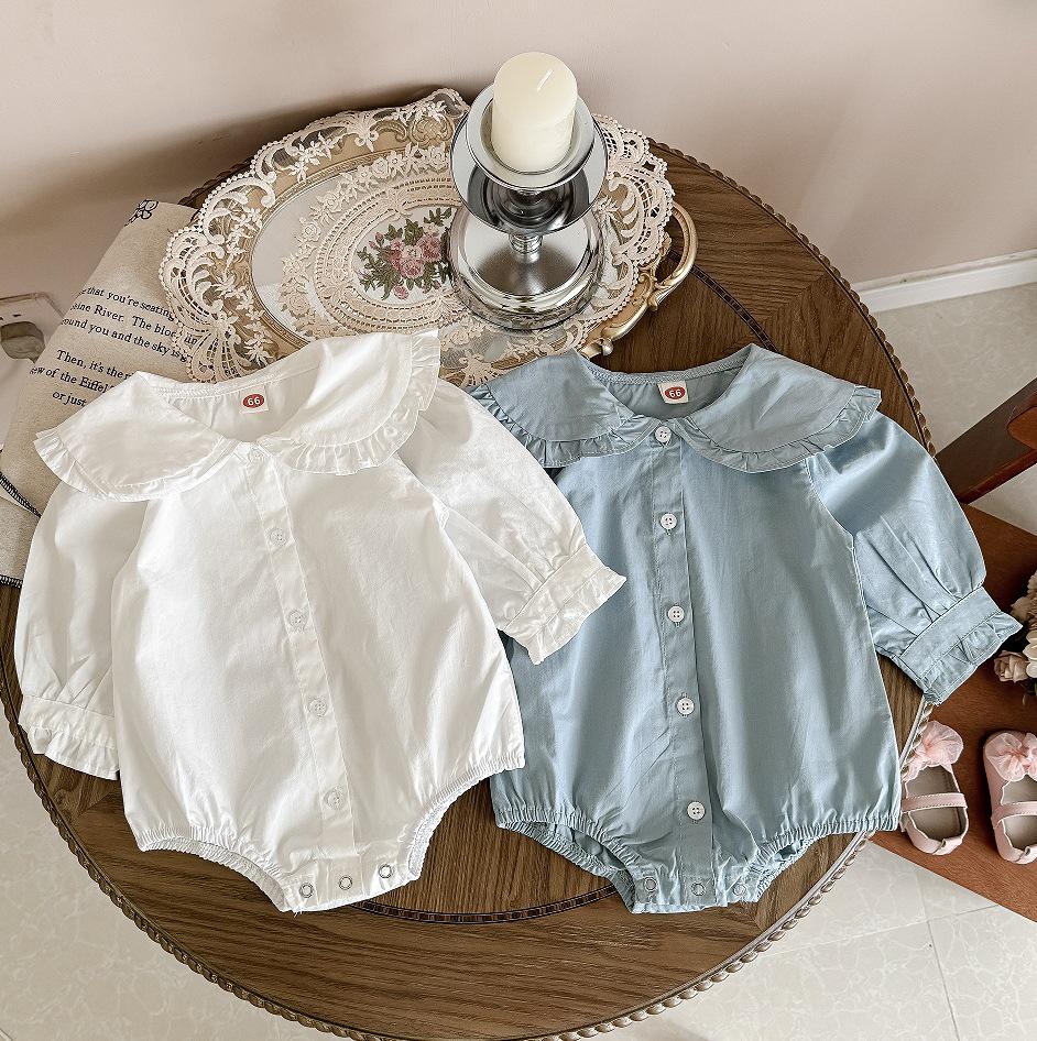 Korean Style Baby Girl Long Sleeve Lace Collar Footed Bodysuit Jumpsuit Romper