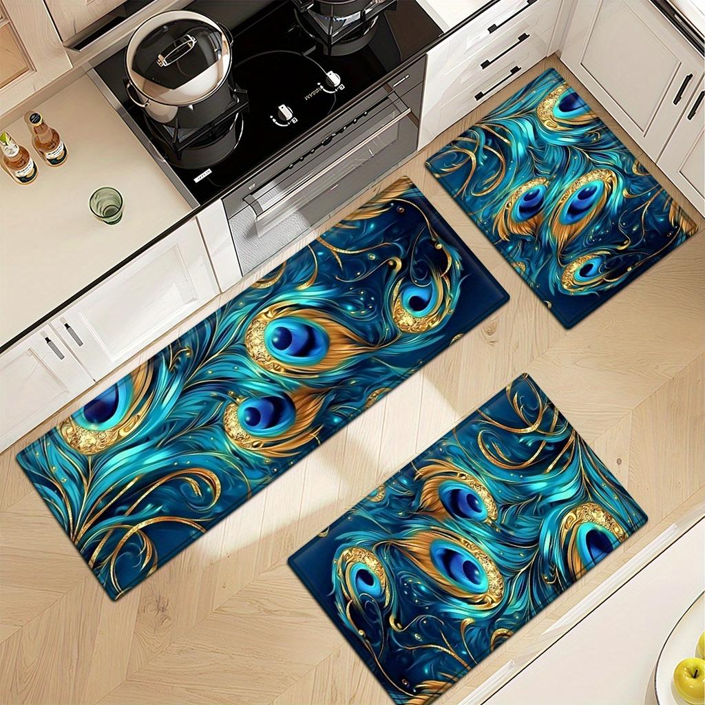 1Pcs Anti Fatigue Kitchen Rugs PeaRooster feathers Print Waterproof Non-Slip Thick Cushioned Kitchen Mat Heavy Duty Comfort Standing Mat for Kitchen
