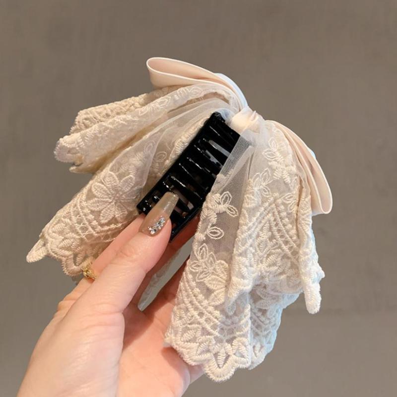 French Elegant Ballet Style Lace Satin Bow Ponytail Hair Clip, Gentle And Sweet Shark Clip Hair Ornament On The Back Of Head