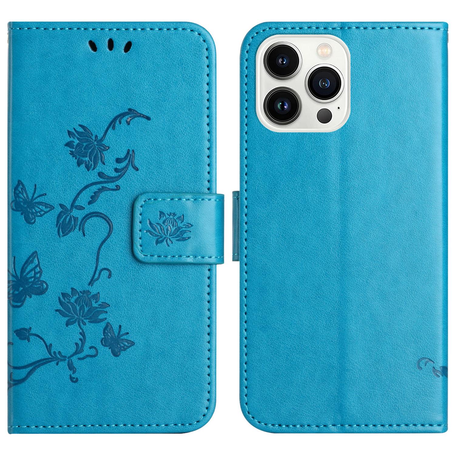 

For iPhone 16 Pro Max Case Wallet Stand Butterfly Flower PU Leather Phone Cover Blue