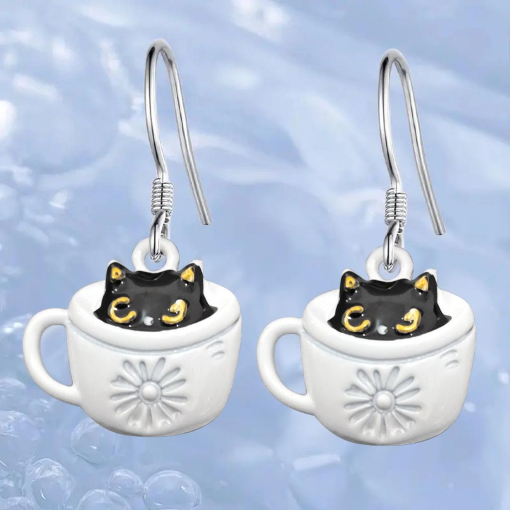 Cute Black Cat In Coffee Cup Drop Earrings for Women Sweet Enamel Cat Design Dangle Earrings Fashion Daily Jewelry