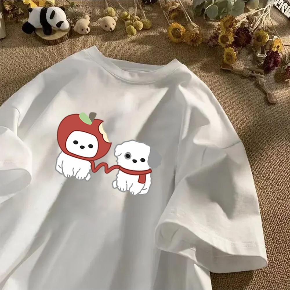 Korean Kawaii Apple Dog Graphic Printed T-shirt Shortsleeve Roundneck INS Cute Streetwear Women Clothing