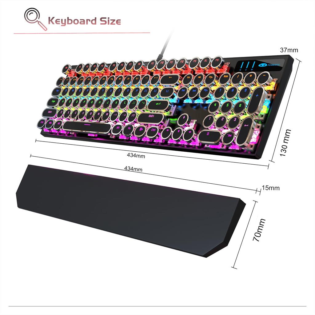 MageGee Typewriter Mechanical Gaming Keyboard Retro Punk Round Keycaps with RGB Rainbow Backlight USB Wired Keyboard for Gaming and Office Windows