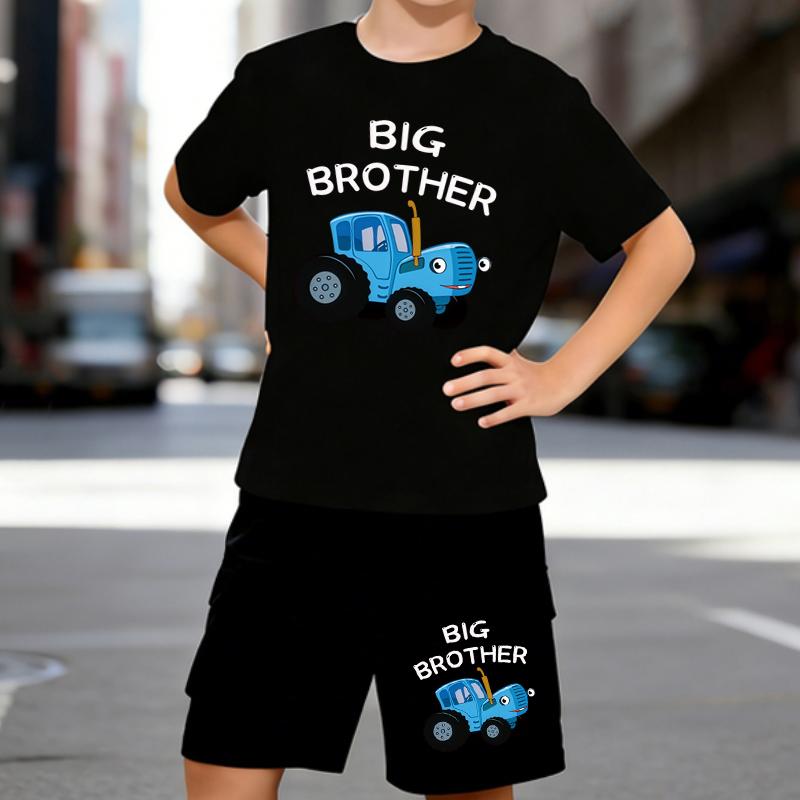 

Boys 2 Piece Cartoon Tractor Printed Outfit, Short Sleeve T-Shirt and Shorts Set for Kids Age 5-14,Black and White Sporty Casual Summer Clothes 5-6 Years чёрный