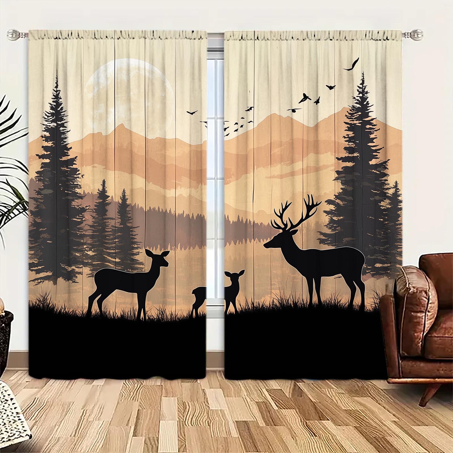 

Set Of 2 Nordic Elk Forest Silhouette Curtains Suitable Family Friends Sunshade Privacy Protection Curtain Polyester W100*H70(CM)-Rod Pocket&2PCS
