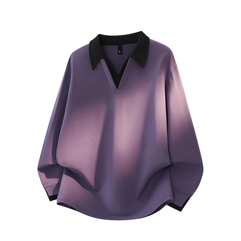 Men's Retro Color Block V-Neck Patchwork Hoodie Polo – Commuting Versatile Long Sleeve Top for Autumn/Winter