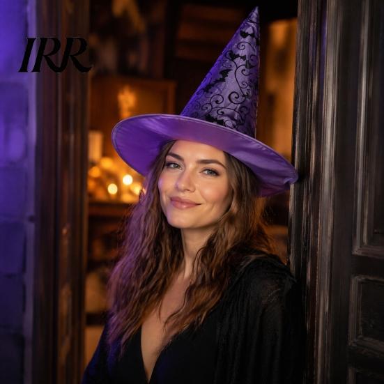 Halloween Role Play Supplies Witch Hat, Bat Spider Web Print Wizard Hat Stiff Wide Brim for Cosplay Costume, Party Supplies, Stage Performance Props