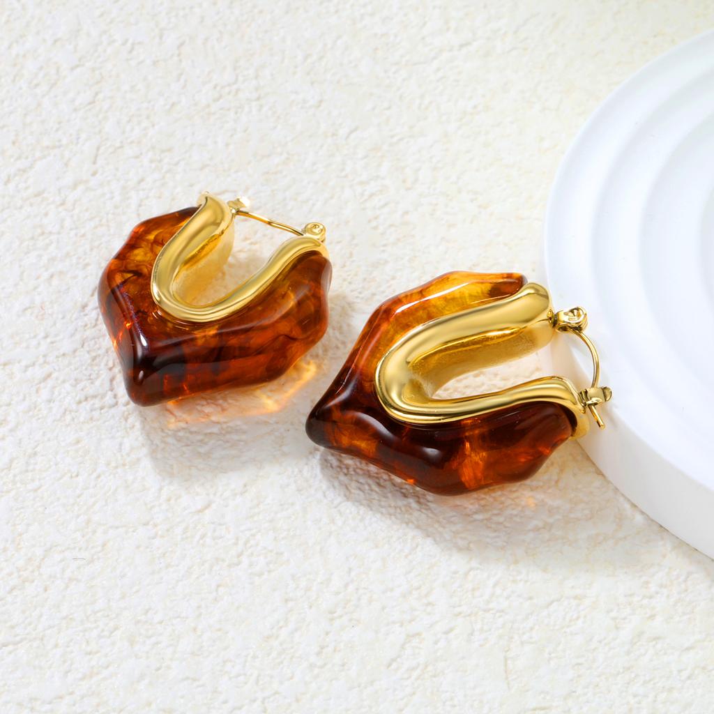 French Maillard Vintage Fashion U-shaped Resin Earrings Light Luxury High-end Stainless Steel Girls' Personalized Jewelry