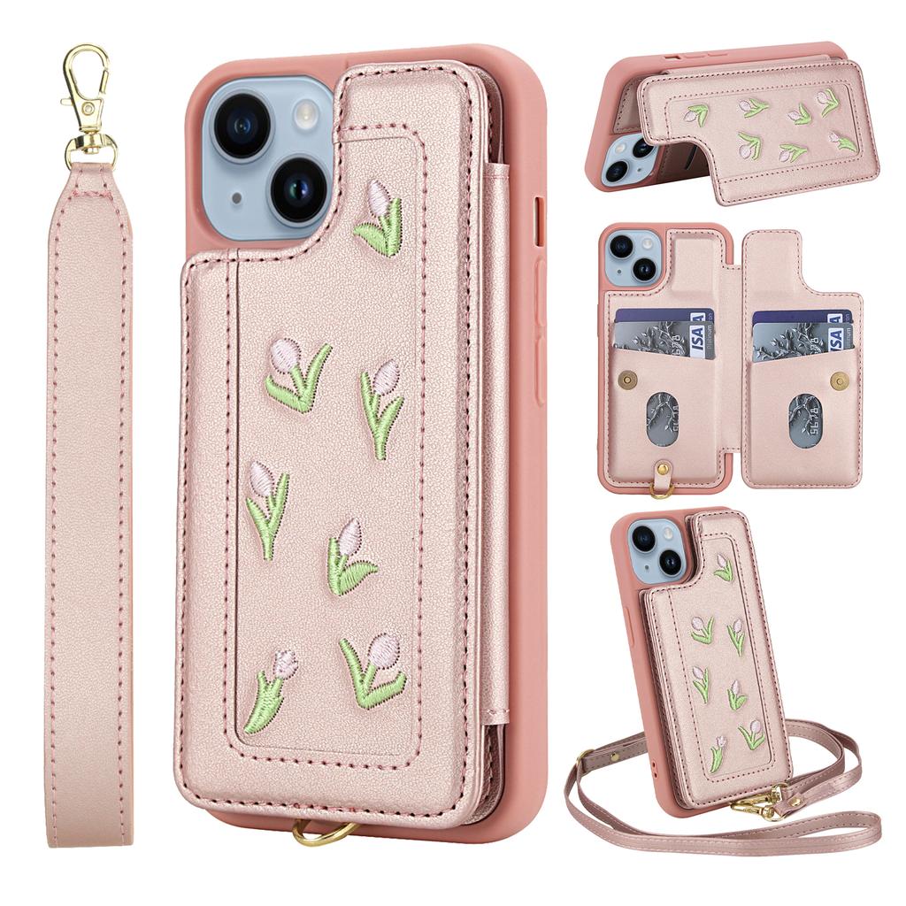 For iPhone 14/13 Case Embroidered Tulips PU Leather Card Holder Back Cover with Shoulder Strap/Wrist Strap