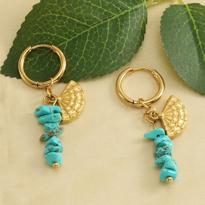European & American 18k Gold Stainless Steel Blue Turquoise Fan-Shaped Drop Earrings