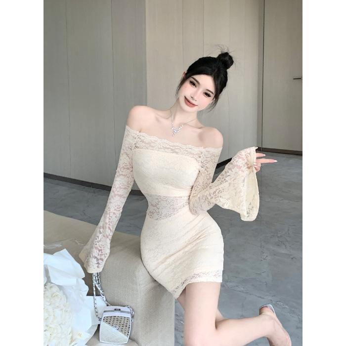 Spring Autumn Sexy Fashion Off the Shoulder Bodycon Lace Dress Women Flare Long Sleeve Slim Mini Vestidos Robe